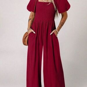 SHEIN Burgundy Puff Sleeve Jumpsuit